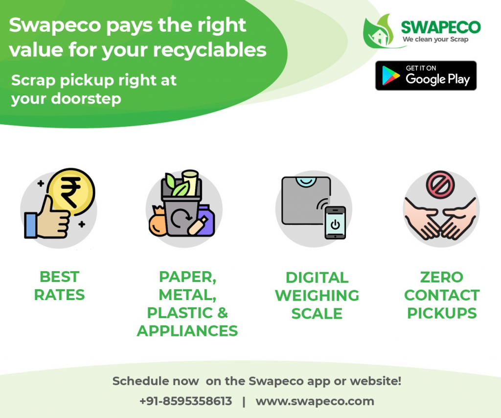 Swapeco is an online kabadiwala or scrap dealer providing doorstep zer-contact scrap pick-up services.